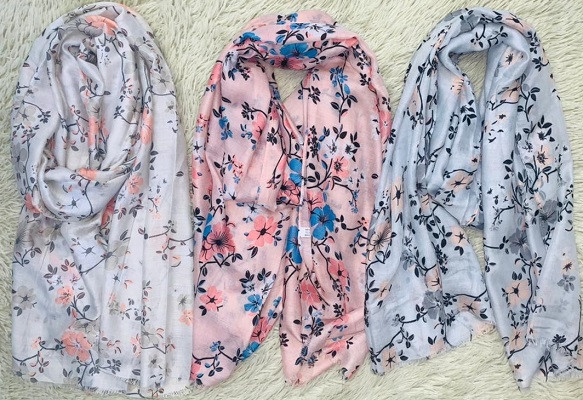 Womens Floral Cotton Scarves, White Floral Scarf